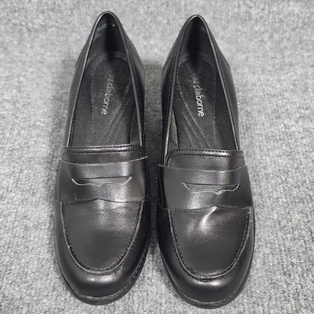 Liz Claiborne Kimber Black Penny Loafer Pumps Women 6.5M Block Heel Shoes